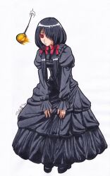  absurdres black_hair clothed date_a_live dress eye_color_change female_only femsub floating hair_covering_one_eye hair_ornament hair_ribbon jesturia kurumi_tokisaki long_hair pendulum pocket_watch red_eyes ribbon shoes signature simple_background slouching solo spiralwash_eyes twintails white_background 