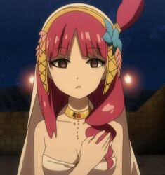 bare_shoulders brown_eyes cleavage collarbone empty_eyes femsub hypnolordx_(manipper) magi_the_labyrinth_of_magic morgiana open_mouth red_hair