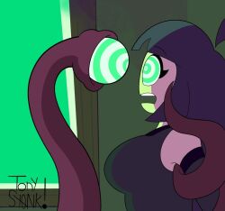 ahoge arm_warmers clothed femsub hypnotic_eyes hypnotic_tentacle large_breasts lila_(sr_pelo) long_hair open_mouth purple_hair ring_eyes spooky_month straight-cut_bangs surprised tentacles tonyst0nk