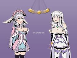  4headboiii absurdres bare_shoulders blue_eyes blush breasts cleavage clothed drool elf elf_ears emilia_(re:zero) female_only femsub gloves hair_ornament happy_trance jewelry large_breasts long_hair melia_antiqua multiple_girls multiple_subs nintendo open_mouth opera_gloves pendulum purple_eyes re:zero_starting_life_in_another_world silver_hair skirt smile spiral_eyes standing straight-cut_bangs symbol_in_eyes thighhighs tongue undressing wings xenoblade_chronicles xenoblade_chronicles_1 