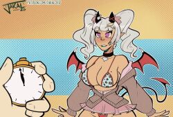  animated animated_gif bikini_top bouncing_breasts breast_expansion choker clothed clothed_exposure dazed drool femsub heart horns huge_breasts jakalovid large_breasts mole mune_(majin_mune) open_clothes original purple_eyes short_skirt signature source_request spiral_eyes succubus sweater symbol_in_eyes tail twintails white_hair 