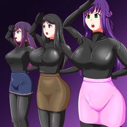  absurdres black_eyes black_hair bodysuit breasts character_request cleavage empty_eyes female_only femsub gradient_background green_eyes large_breasts long_hair multiple_girls multiple_subs open_mouth original purple_background purple_hair rubber saluting simple_background skirt standing standing_at_attention tight_clothing yorotoru 