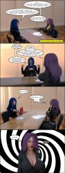 3d absurdres before_and_after blue_hair breasts chloe_ducer_(theheckle) comic dialogue female_only femdom femsub humor hypnotic_spiral melanie_monroe_(theheckle) original purple_hair spiral spiral_eyes symbol_in_eyes text theheckle