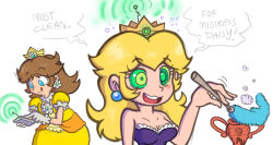 antenna blonde_hair blush breasts brown_hair cleavage crown female_only femdom femsub gloves happy_trance hypnotic_accessory jewelry kaa_eyes keeper_of_pots large_breasts long_hair maid multiple_girls nintendo open_mouth princess princess_daisy princess_peach remote_control super_mario_bros. tech_control tongue tongue_out