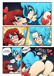 blue_hair comic heart kissing kobi94 makeup original red_hair text trance_break yuri