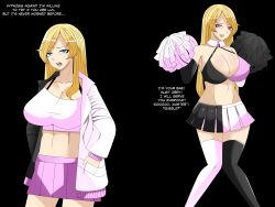  before_and_after blonde_hair blue_eyes breasts cheerleader cleavage consensual denial dialogue emi_(izanagistruth) femsub happy_trance heart heart_eyes istravas jacket large_breasts midriff open_mouth opera_gloves pink_eyes skirt smile symbol_in_eyes text thighhighs 