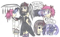black_hair breasts clothed dialogue emerald_lazers empty_eyes english_text evil_smile female_only femdom femsub gloves homura_akemi hypnotic_magic madoka_kaname magic magical_girl pink_eyes pink_hair puella_magi_madoka_magica simple_background speech_bubble spiral text very_long_hair white_background