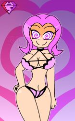  aged_up aura bare_shoulders cleavage digimon digimon_adventure digimon_adventure_02 eyebrows_visible_through_hair eyelashes femdom gradient_background hand_on_hip heart hypnoscream hypnotic_eyes large_breasts lingerie love malesub mimi_tachikawa navel pink_background pink_hair pov_sub purple_eyes shiny_hair shiny_skin smile solo spiralwash_eyes wide_hips 