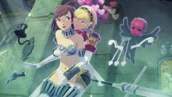 3d aegis_(persona) assertive_sub bikini_armor blonde_hair bow_tie brown_hair charm_(spell) crotch_rub femsub gameplay_mechanics gloves gun heart kotone_shiomi long_hair multiple_girls navel open_mouth opera_gloves persona_(series) persona_3 pink_eyes red_eyes robot_girl seductive_smile sequence short_hair smile surprised sword thighhighs uriziel38 weapon