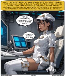 aether_foundation aether_foundation_employee ai_art black_hair dark_skin devianbar dialogue large_breasts nintendo pokemon short_hair tagme team_hypno text