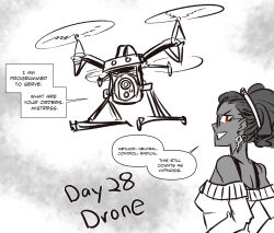 bower_(majinsfw) bra drone earrings female_only femdom floating glasses hacking hair_band humor hypnovember looking_back majinsfw meta original red_eyes simple_background smile sweater tech_control text tied_hair