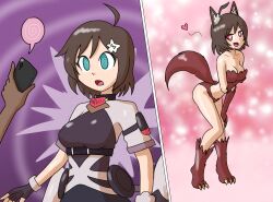 animal_ears before_and_after bikini bikini_bottom bikini_top costume femsub fox_girl mythkaz nao_(world_flipper) phone short_hair tagme world_flipper