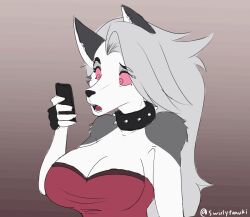  animated animated_eyes_only bangs breasts collar collarbone confused dog_girl dress eyebrows_visible_through_hair femsub furry goth gradient_background grey_hair helluva_boss large_breasts long_hair loona_(helluva_boss) open_mouth phone ring_eyes sketch solo surprised swirlytanuki tech_control tongue 