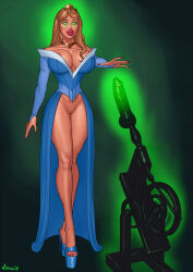 bimbofication blonde_hair bottomless breasts cleavage crown dildo disney female_only femsub glowing glowing_eyes high_heels hypnotic_dildo jewelry large_breasts large_lips long_hair open_mouth princess princess_aurora sex_toy sleeping_beauty solo vitalis western
