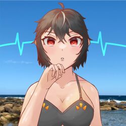  bikini black_hair breasts cleavage everes_(zires) female_only femsub open_mouth original red_eyes solo zires 