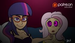 absurdres chin_hold cleavage female_only femdom femsub fluttershy glasses hypnotic_eyes kaa_eyes long_hair multicolored_hair my_little_pony open_mouth penken personification pink_hair preview purple_hair straight-cut_bangs twilight_sparkle