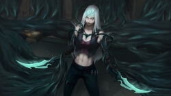 alternate_color_scheme alternate_costume alternate_hair_color aura bare_shoulders belt brandon_young breasts cleavage corruption crown crystal evil_smile femsub flame gloves glowing glowing_eyes green_eyes green_sclera happy_trance hypnotic_gas hypnotic_smoke jewelry katarina_(league_of_legends) league_of_legends long_hair magic maledom midriff opera_gloves pale_skin pants possession ruination smile smoke standing sword viego_(league_of_legends) weapon white_hair