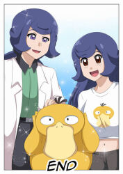  ash_ketchum blue_hair chrysa_(pokemon) comic hair_growth hypnotic_eyes large_breasts long_hair mother_and_daughter nintendo pokemon pokemon_(anime) pokemon_journeys psychic psyduck text thick_thighs trainerashandred35 transformation transgender 