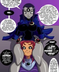  alien alien_girl anonymind_(manipper) black_hair comic dc_comics dialogue femdom femsub goth happy_trance large_breasts magic manip raven ravenravenraven red_hair ring_eyes sexuality_change starfire straight_to_gay super_hero teen_titans text thigh_focus thighs yuri 