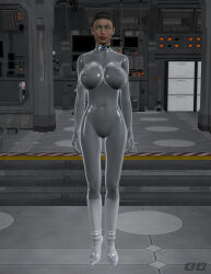  3d balthazarbludd black_hair bodysuit boots breasts collar empty_eyes erect_nipples erect_nipples_under_clothes expressionless female_only femsub glowing_eyes graybot green_eyes high_heels original rubber short_hair solo standing standing_at_attention tech_control tight_clothing watermark 