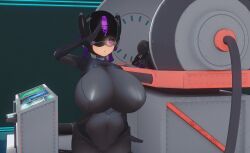  3d bodysuit breasts collar custom_maid_3d_2 drone empty_eyes expressionless female_only femsub helmet huge_breasts japanese_text lying minami monitor multiple_girls multiple_subs pink_eyes saluting standing standing_at_attention tech_control thick_thighs x-ray 