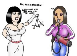 black_hair cynthia_(pumpedup00) dress femdom femsub happy_trance inflation multiple_girls original pocket_watch pumpedup00 ring_eyes short_hair tan_skin tracksuit