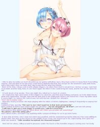 blue_eyes blue_hair blush caption cleavage empty_eyes feet female_only femsub hair_ribbon hug kneeling manip mixibnorh_(manipper) multiple_girls nightgown open_mouth panties ram_(re:zero) re:zero_starting_life_in_another_world red_eyes red_hair rem_(re:zero) ribbon short_hair simple_background text trigger underwear