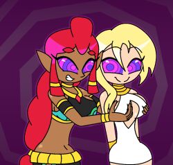 alternate_costume bare_shoulders blonde_hair breast_fondling breasts breath_of_the_wild clothed crossover dark_skin disney dress elf_ears female_only femsub gerudo hypnoscream large_breasts makeela_riju midriff namine navel nintendo red_hair spiral_background spiralwash_eyes square_enix sub_on_sub tears_of_the_kingdom the_legend_of_zelda very_long_hair yuri