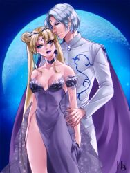  blonde_hair blue_eyes breasts cleavage corruption dress empty_eyes expressionless femsub gloves large_breasts maledom prince_demande sailor_moon sailor_moon_(series) short_hair smile twintails very_long_hair white_hair 