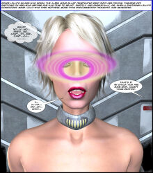  3d bare_shoulders blonde_hair collar collarbone corruption dazed dialogue dumbtime lily_(dumbtime) lipstick nude open_mouth original short_hair speech_bubble tech_control text thought_bubble 