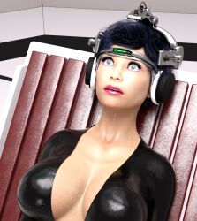 3d blue_eyes blue_hair bodysuit breasts cleavage collarbone expressionless headphones huge_breasts hypnoforge open_mouth original pink_lipstick short_hair sitting super_hero tech_control unaware