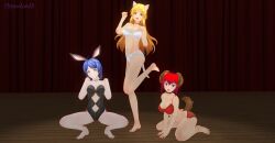  3d absurdres aki_(hypnolordx) all_fours animal_ears aoi_(hypnolordx) bare_shoulders blonde_hair blue_eyes blue_hair breasts bunny_ears cat_ears cat_nap_(hypnolordx) cat_pose cat_tail cleavage collar custom_maid_3d_2 dog_ears dog_pose empty_eyes fake_animal_ears female_only femsub green_eyes grey_eyes happy_trance hypnolordx large_breasts long_hair multiple_girls open_mouth original pet_play red_hair short_hair smile tail tongue tongue_out 