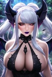  ai_art bare_shoulders black_clover cleavage corruption demon_girl female_only horns huge_breasts long_hair noelle_silva purple_lipstick red_eyes sideboob solo succubus white_hair 