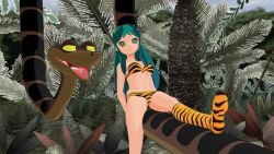  3d bare_legs bare_shoulders black_eyes breasts clothed complex_background costume crossover disney femsub green_hair happy_trance jungle kaa kaa_eyes legs long_hair lum maledom midriff mmd navel on_back open_mouth outdoors plant smile snake texasnerd the_jungle_book thighs tiger_print trees urusei_yatsura yellow_sclera 