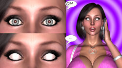 3d black_hair blue_eyes blush bracelet breasts cleavage earrings expressionless femsub huge_breasts hypnoman jewelry milf necklace open_mouth original phone pink_lipstick ring sandra_(hypnoman) text white_eyes