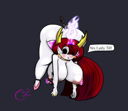  black_eyes black_sclera blush bottomless breasts butt_plug disney empty_eyes expressionless female_only femdom femsub floating hanging_breasts hekapoo huge_breasts hypnotic_accessory large_breasts long_hair ponytail red_hair sex_toy solo star_vs_the_forces_of_evil text topless valentine_(artist) 