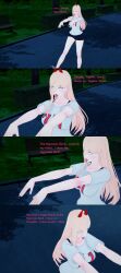  3d absurdres blonde_hair breasts chainsaw_man clothed english_text female_only femsub horns koikatsu! large_breasts liz_b long_hair open_mouth power_(chainsaw_man) sequence shorts solo t-shirt text tongue tongue_out yellow_eyes zombie_walk 