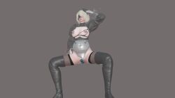 3d blindfold boots breasts erect_nipples expressionless female_only femsub gloves grey_background high_heels honey_select_2 large_breasts nier_automata pregnant saluting sex_toy short_hair simple_background solo spread_legs squatting tech_control thigh_boots thighhighs torn_clothes vibrator white_hair yanasegawa_chisato yorha_no._2_type_b