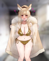  animal_ears arknights bangs bare_shoulders bikini blemishine blonde_hair blush breasts chie_shippo cleavage coat collarbone empty_eyes female_only fur_coat happy_trance heart_eyes horse_girl large_breasts long_hair looking_at_viewer navel open_clothes open_mouth solo standing swimsuit thigh_gap undressing yellow_eyes 