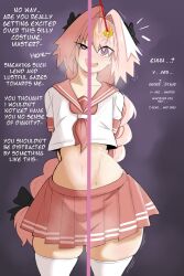  astolfo_(fate) before_and_after blush bow braid coin empty_eyes english_text eyebrows_visible_through_hair fate/apocrypha fate/grand_order fate_(series) femboy grey_background hair_ribbon happy_trance instant_loss long_hair malesub manip midriff missfortunedoom_(manipper) navel pendulum pink_hair purple_eyes ribbon short_skirt simple_background skirt smile smirk surprised text thick_thighs thighhighs 