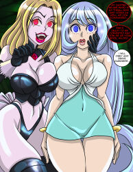 absurdres blonde_hair blue_eyes blue_hair bracelet breasts camie_utsushimi cleavage corruption dress expressionless fangs female_only femdom femsub glowing glowing_eyes grey_skin hypnotized_hypnotist jewelry large_breasts lipstick long_hair looking_at_viewer my_hero_academia nejire_hado open_mouth puckered_lips red_eyes short_hair smile spiral_eyes standing standing_at_attention super_hero symbol_in_eyes text vampire very_long_hair zorro-zero