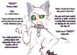  aware bobbipup body_control cat_boy chains collar cricket_(bobbipup) dialogue doomstar_(manipper) earrings embarrassed english_text fangs finger_snap furry hypnotic_paralysis male_only malesub manip open_mouth original paws piercing posing rainbow_eyes ring_eyes simple_background sketch solo sparkle text topless trigger unhappy_trance white_background 