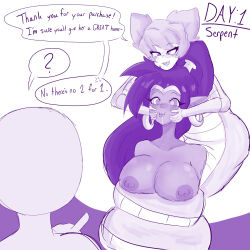 a_singular_fish blush cheek_squish coils collarbone confused dark_skin drool earrings eyebrows_visible_through_hair female_only femdom femsub hair_buns headdress humor hypnovember kaa_eyes large_breasts long_hair nipples nude open_mouth ponytail purple_hair restrained sale scalie shantae shantae_(series) simple_background smile snake_girl text tuki