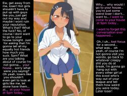 black_hair blush brown_eyes clothed hayase_nagatoro ijiranaide_nagatoro-san long_hair manip piercing pov pov_dom resisting school_uniform shirt skirt smug text violaswirl_(manipper)