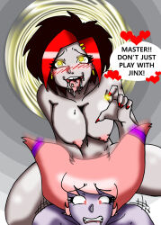 ahegao argent black_hair blush bottomless breasts crazycowproductions dc_comics drool femdom femsub glowing glowing_eyes happy_trance jinx large_breasts long_hair looking_at_viewer maledom multiple_girls open_mouth pink_eyes pink_hair pov pov_dom pov_sub red_hair short_hair smile super_hero teen_titans text topless