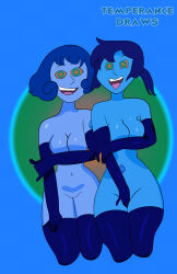 absurdres alien alien_girl blue_hair blue_skin bottomless breasts cartoon_network curly_hair female_only femsub gloves happy_trance large_breasts latex mean_lapis multiple_girls multiple_subs nice_lapis nude open_mouth ponytail ring_eyes short_hair smile steven_universe symbol_in_eyes temperancedraws tongue tongue_out topless western
