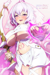  ahoge blush bow_(weapon) breasts crotch_tattoo erect_nipples erect_nipples_under_clothes femsub gloves happy_trance heart heart_eyes heart_tattoo large_breasts looking_at_viewer navel purple_eyes ring senki_zesshou_symphogear smile symbol_in_eyes tattoo twintails uganda underboob veil wedding_dress white_hair yukine_chris 