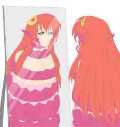  animated animated_gif blush breast_press breasts coils elf_ears female_only femsub happy_trance huge_breasts hypnospirals_(manipper) hypnotic_eyes kaa_eyes lip_biting miia_(monster_musume) mirror monster_girl monster_musume naga_girl plsgts red_hair self_coil self_hypnosis smile snake_girl very_long_hair 