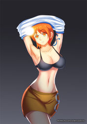 black_bra bra breasts cleavage empty_eyes expressionless female_only femsub gradient_background hadant hypnotic_light large_breasts nami_(one_piece) one_piece orange_eyes orange_hair shirt shirt_lift short_hair signature simple_background skirt solo underwear undressing watermark