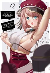  altered_common_sense armpits assertive_sub blush breasts charlotte_(genshin_impact) clothed coin confused english_text eroborne femsub genshin_impact green_eyes hat monocle open_mouth pendulum pink_hair pov pov_dom sideboob simple_background smile speech_bubble symbol_in_eyes text 